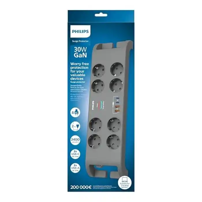 Philips SPN8180GA Akım Korumalı Priz 8li + 2x Usb-A 18W + 2x Usb-C 20W - 2m Kablo - Siyah