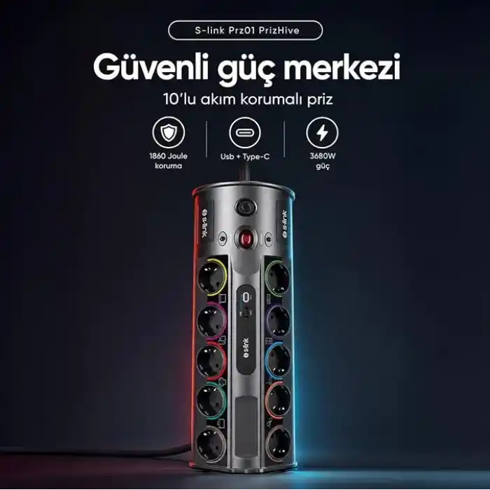 S-link PRZ01 PrizHive 3 Metre 1860 Joule 1.5mm 1 Usb 1 TypeC 2.1A/5V 16A 250V 3680W 10lu Akım Korumalı Priz