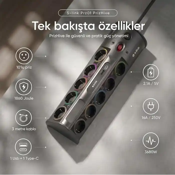 S-link PRZ01 PrizHive 3 Metre 1860 Joule 1.5mm 1 Usb 1 TypeC 2.1A/5V 16A 250V 3680W 10lu Akım Korumalı Priz