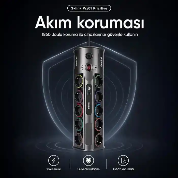 S-link PRZ01 PrizHive 3 Metre 1860 Joule 1.5mm 1 Usb 1 TypeC 2.1A/5V 16A 250V 3680W 10lu Akım Korumalı Priz