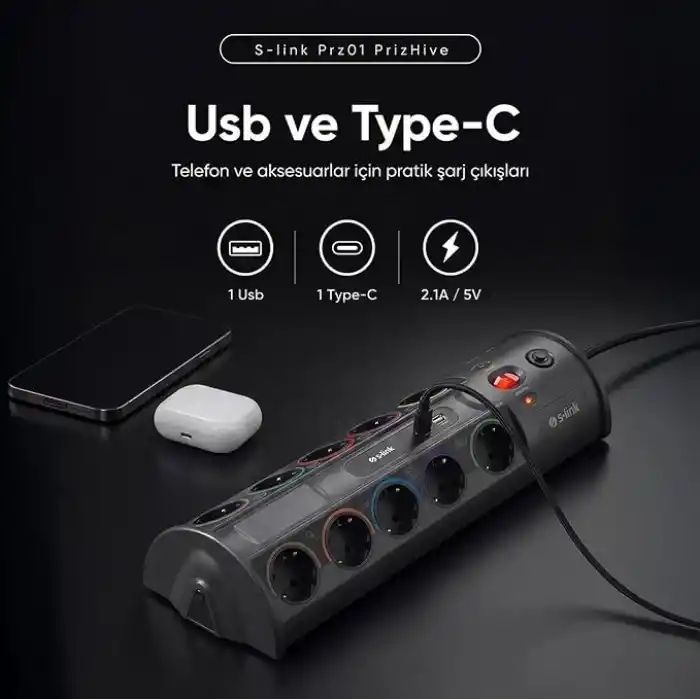 S-link PRZ01 PrizHive 3 Metre 1860 Joule 1.5mm 1 Usb 1 TypeC 2.1A/5V 16A 250V 3680W 10lu Akım Korumalı Priz