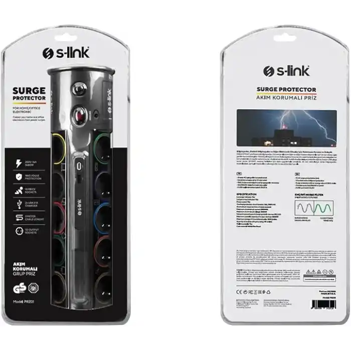 S-link PRZ01 PrizHive 3 Metre 1860 Joule 1.5mm 1 Usb 1 TypeC 2.1A/5V 16A 250V 3680W 10lu Akım Korumalı Priz