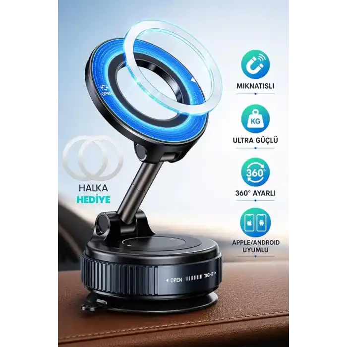 TELVESSE MagnetPRO 360° Ayarlanabilir Araç İçi Masa Üstü Vakumlu Mıknatıslı Magsafe Telefon Tutucu Siyah