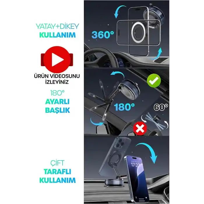 TELVESSE MagnetPRO 360° Ayarlanabilir Araç İçi Masa Üstü Vakumlu Mıknatıslı Magsafe Telefon Tutucu Siyah