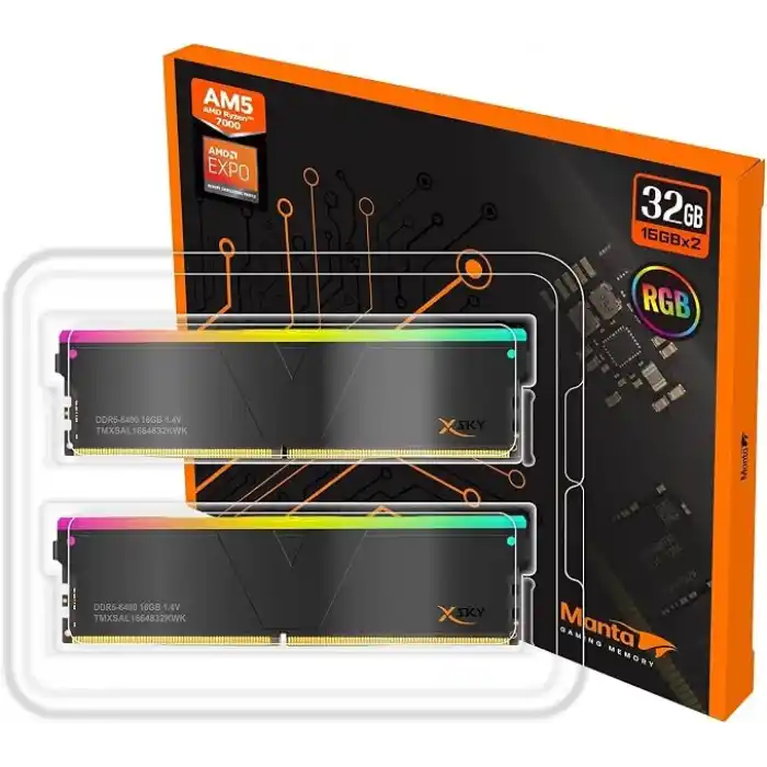 V-Color Manta XSky RGB 32GB (2x16GB) DDR5 6400MT/s CL32, AMD EXPO Uyumlu, SK Hynix IC, Oyun Masaüstü Bellek Modülü, Siyah