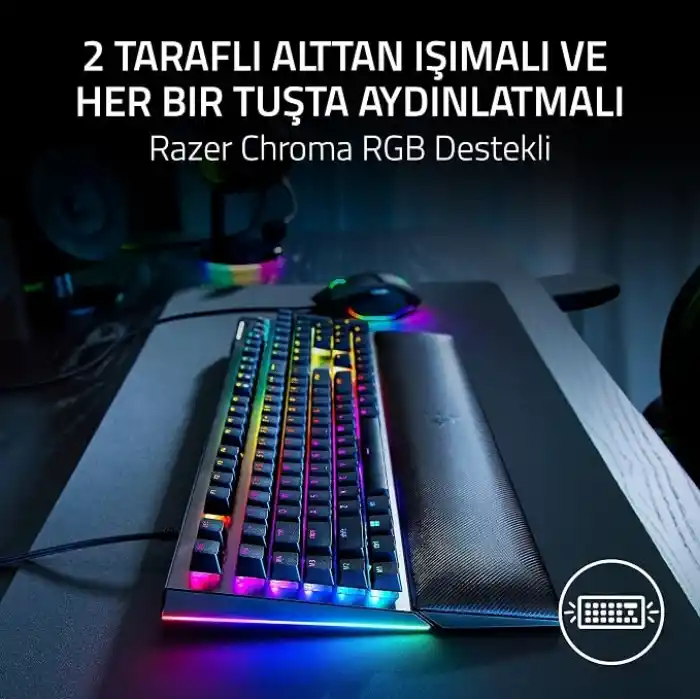 Razer BlackWidow V4 (Yeşil Anahtar) - Chroma RGB mekanik oyun klavyesi - Razer Snap Tap (tıklamalı mekanik anahtarlar, 6 özel makro tuşu, avuç içi dayanağı) TR düzeni | Siyah