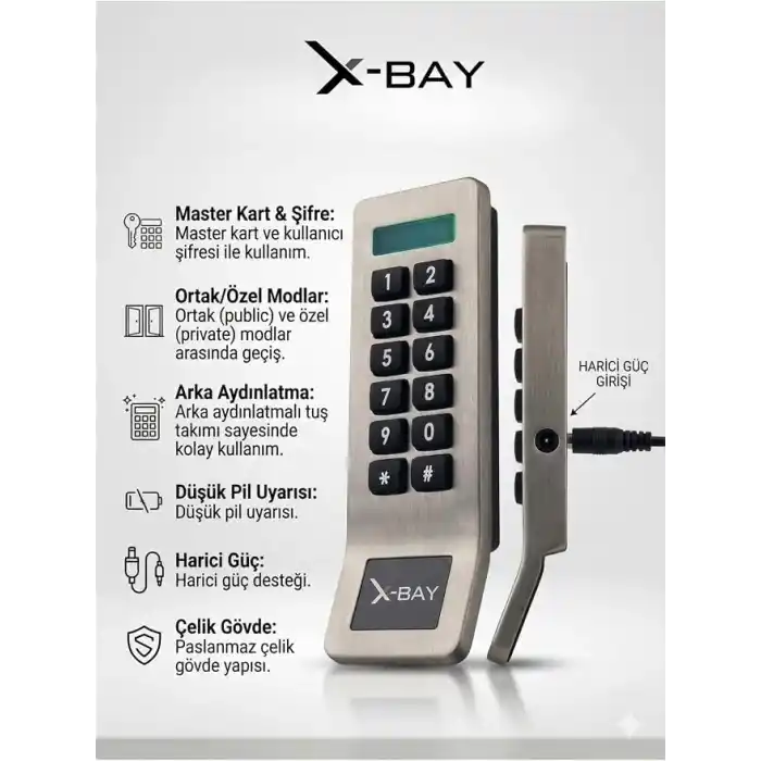 X-Bay Elektronik Kabin Kilidi XB-CL880, Şifreli ve Kartlı, Paslanmaz Çelik, Inox