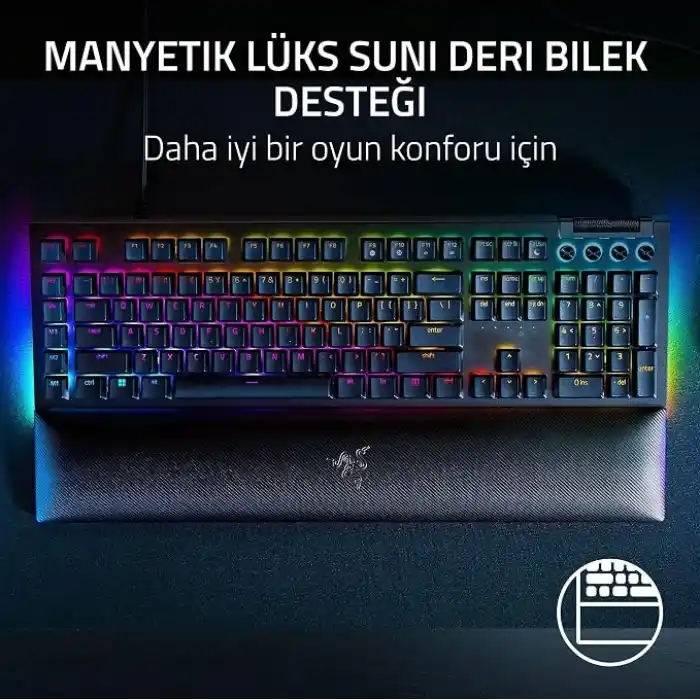 Razer BlackWidow V4 (Yeşil Anahtar) - Chroma RGB mekanik oyun klavyesi - Razer Snap Tap (tıklamalı mekanik anahtarlar, 6 özel makro tuşu, avuç içi dayanağı) TR düzeni | Siyah