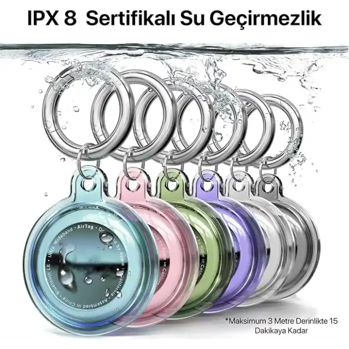 Airtag için Su Geçirmez Ultra Şeffaf Görünümlü Silikon Kılıf ve Anahtarlık (4lü Paket)