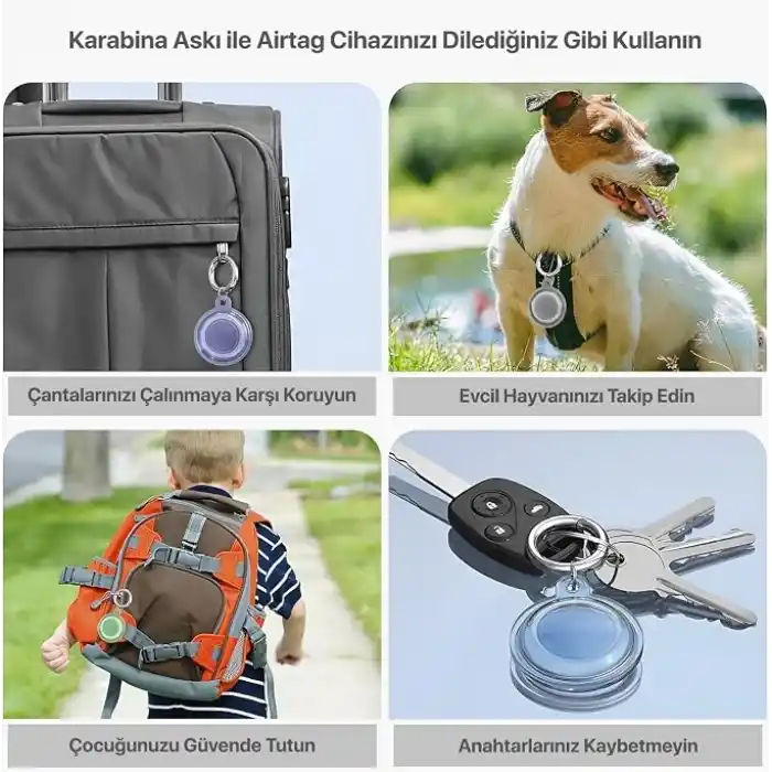 Airtag için Su Geçirmez Ultra Şeffaf Görünümlü Silikon Kılıf ve Anahtarlık (4lü Paket)