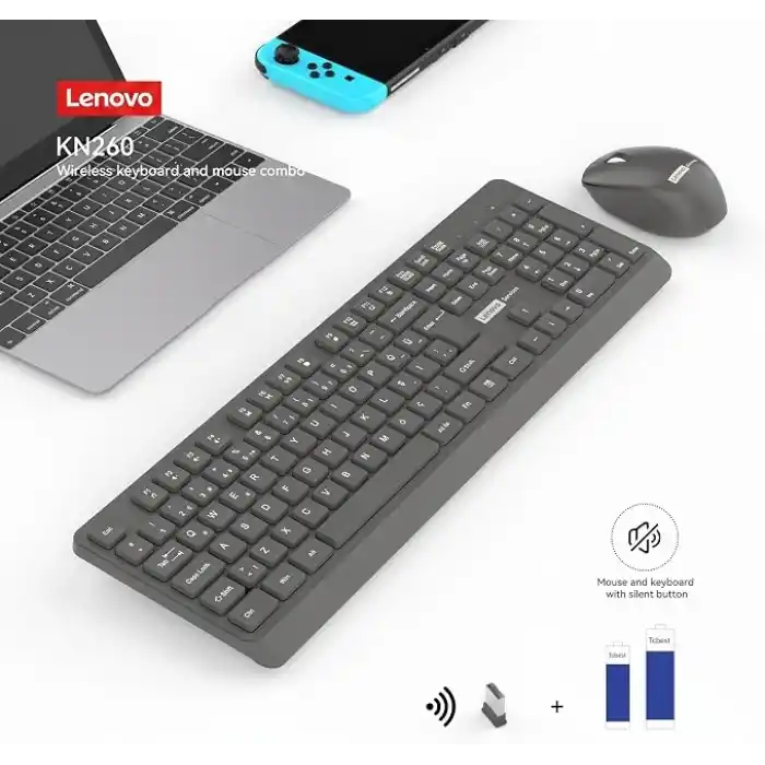 Lenovo KN260 Sessiz Kablosuz Klavye Mouse Seti - Koyu Gri, 2.4GHz Wireless, Mini Tek USB Alıcı (Wireless Silent Keyboard & Mouse Set)