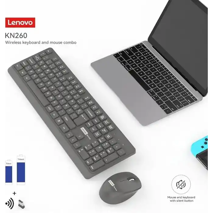 Lenovo KN260 Sessiz Kablosuz Klavye Mouse Seti - Koyu Gri, 2.4GHz Wireless, Mini Tek USB Alıcı (Wireless Silent Keyboard & Mouse Set)