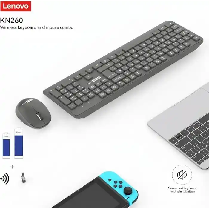 Lenovo KN260 Sessiz Kablosuz Klavye Mouse Seti - Koyu Gri, 2.4GHz Wireless, Mini Tek USB Alıcı (Wireless Silent Keyboard & Mouse Set)