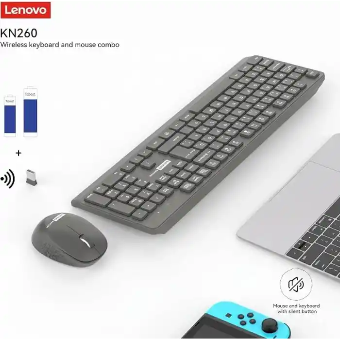 Lenovo KN260 Sessiz Kablosuz Klavye Mouse Seti - Koyu Gri, 2.4GHz Wireless, Mini Tek USB Alıcı (Wireless Silent Keyboard & Mouse Set)