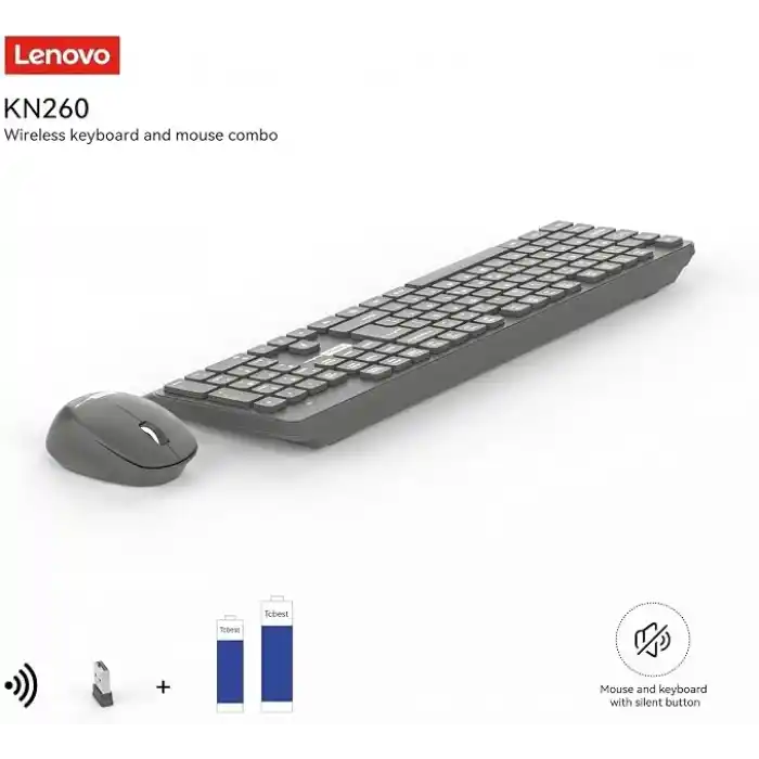 Lenovo KN260 Sessiz Kablosuz Klavye Mouse Seti - Koyu Gri, 2.4GHz Wireless, Mini Tek USB Alıcı (Wireless Silent Keyboard & Mouse Set)