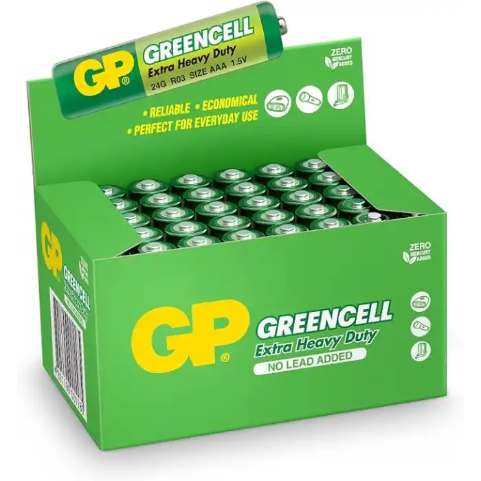 GP Batteries GP24G Greencell R03/1212/AAA İnce Pil, 1.5 Volt, 40lı Kutu, Yeşil/Sarı/Beyaz