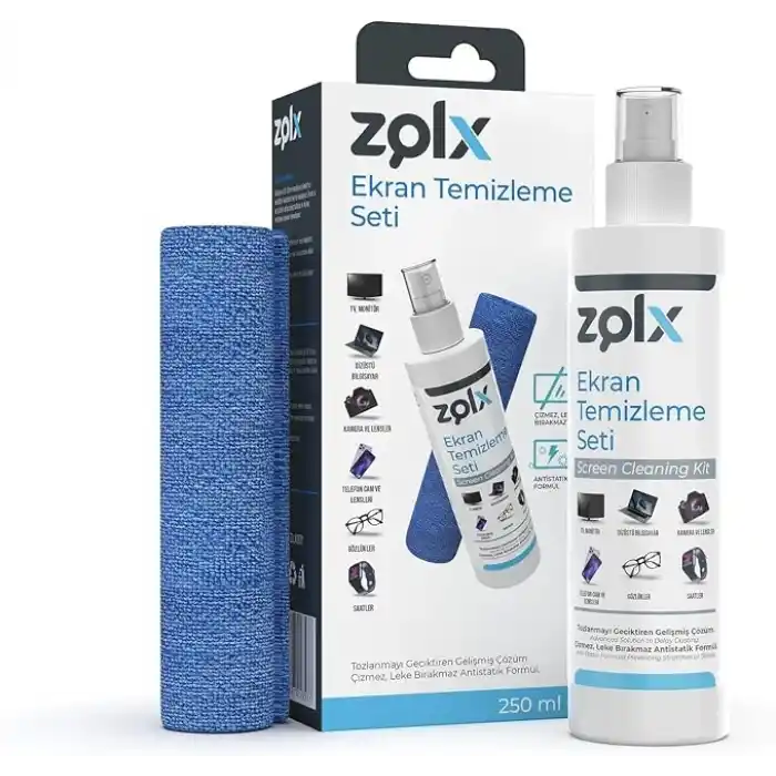 Zolx Ekran Temizleme Seti 250ML + Temizleme Bezi Lcd, Led, Ekran, Laptop, Tablet, Bilgisayar, Televizyon, Cep Telefonu, Gözlük, Kamera, Koruyucu Ve Parlatıcı Doğal Temizleme