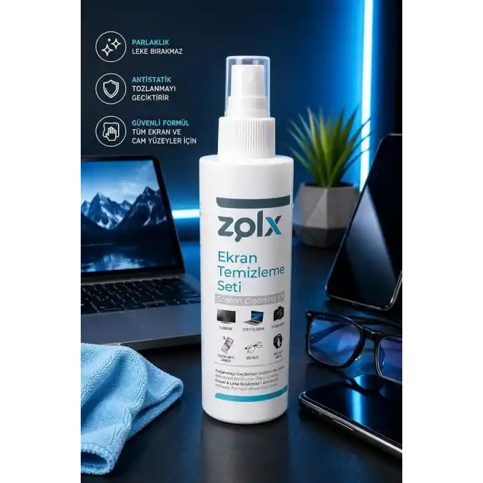 Zolx Ekran Temizleme Seti 250ML + Temizleme Bezi Lcd, Led, Ekran, Laptop, Tablet, Bilgisayar, Televizyon, Cep Telefonu, Gözlük, Kamera, Koruyucu Ve Parlatıcı Doğal Temizleme