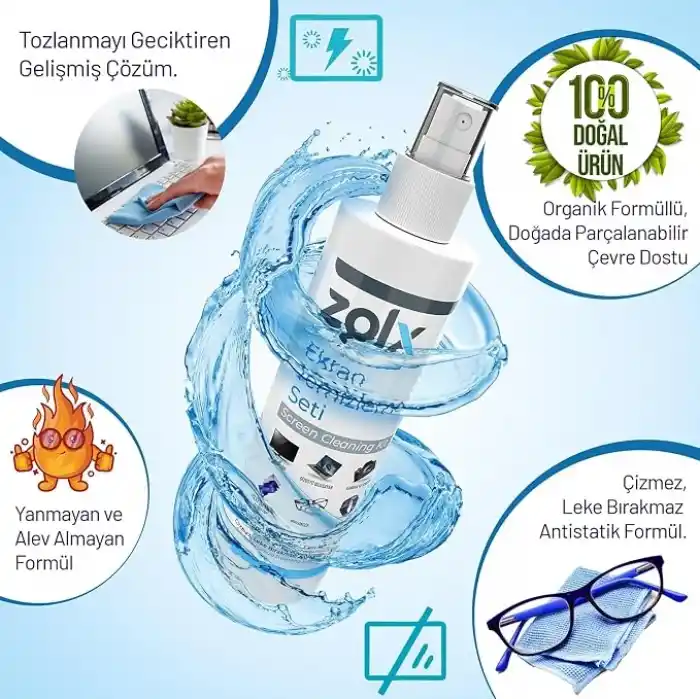 Zolx Ekran Temizleme Seti 250ML + Temizleme Bezi Lcd, Led, Ekran, Laptop, Tablet, Bilgisayar, Televizyon, Cep Telefonu, Gözlük, Kamera, Koruyucu Ve Parlatıcı Doğal Temizleme