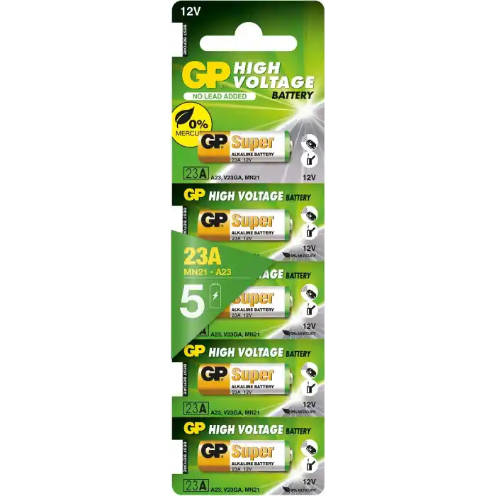 GP Batteries GP23A Süper Alkalin 23A/MN21/V23GA Boy Pil, 12 Volt, 5li Kart, Bakır/Beyaz/Yeşil