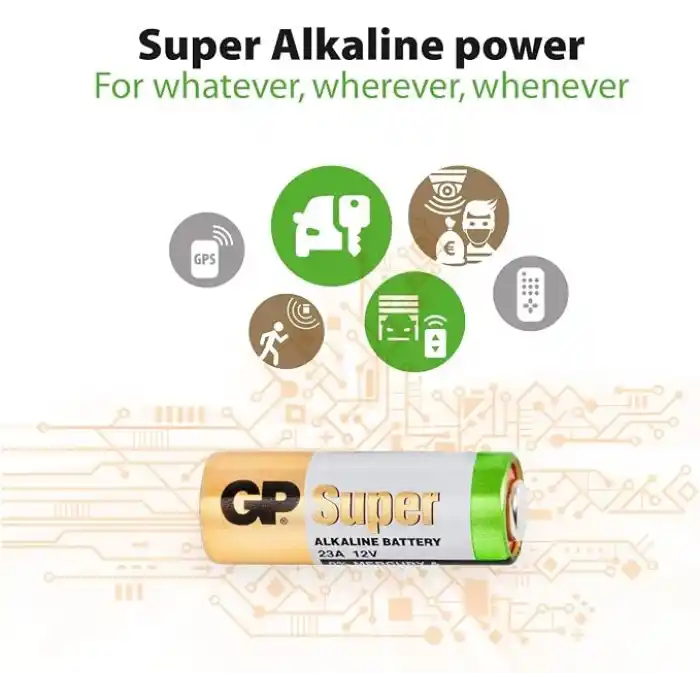 GP Batteries GP23A Süper Alkalin 23A/MN21/V23GA Boy Pil, 12 Volt, 5li Kart, Bakır/Beyaz/Yeşil