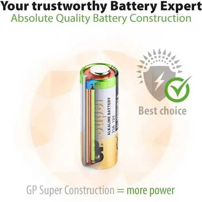 GP Batteries GP23A Süper Alkalin 23A/MN21/V23GA Boy Pil, 12 Volt, 5li Kart, Bakır/Beyaz/Yeşil