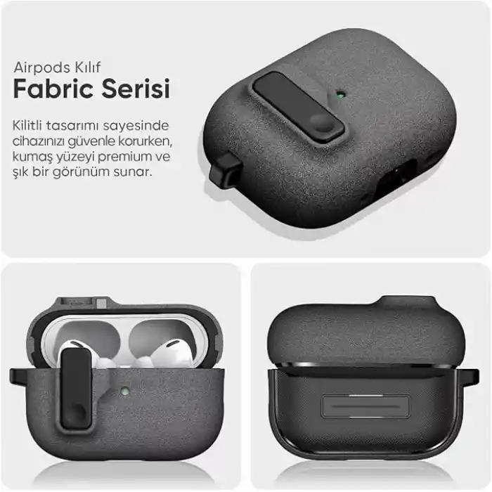 Minesk Airpods Pro 3 ile Uyumlu Fabric Serisi Özel Kilitli Tasarım ve Kumaş Yüzeyli Kılıf Darbelere Karşı Koruyucu Kapak (Gri, Airpods Pro 3 (2025))