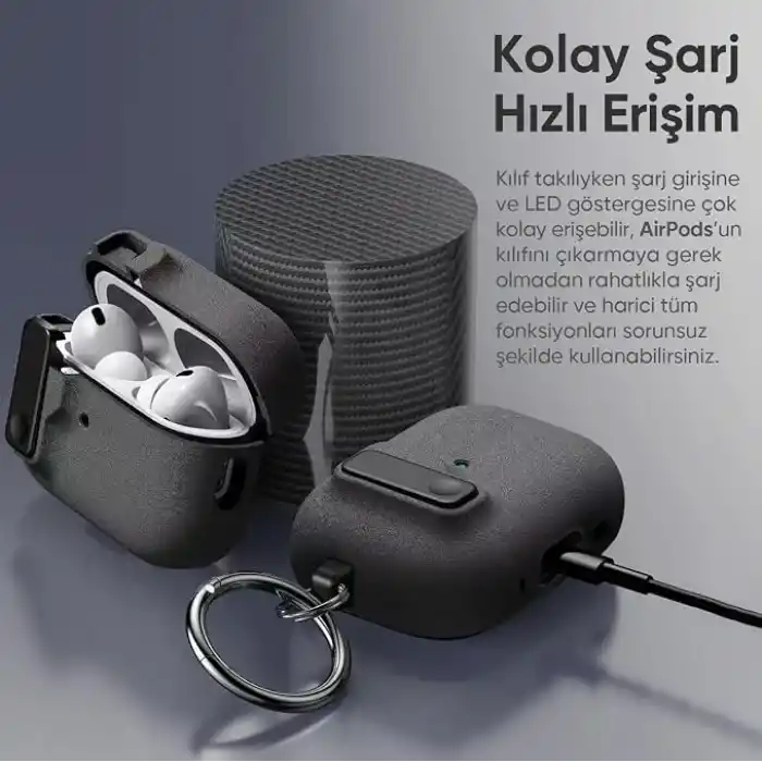 Minesk Airpods Pro 3 ile Uyumlu Fabric Serisi Özel Kilitli Tasarım ve Kumaş Yüzeyli Kılıf Darbelere Karşı Koruyucu Kapak (Gri, Airpods Pro 3 (2025))