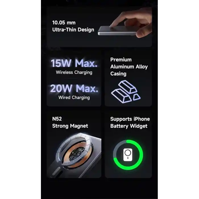 Mcdodo MC-4641 20W 5000mAh Metal Ultra İnce Kablosuz Powerbank Siyah