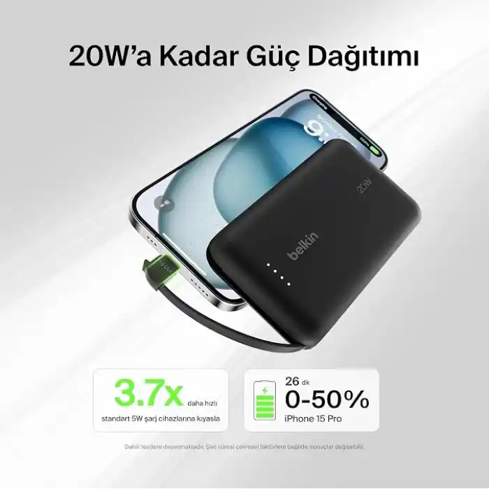 Belkin BoostCharge Power Bank, Entegre Kablolu Taşınabilir Şarj Cihazı 10K PD 20W - USB-C Güç Dağıtımı, iPhone Power Bank iPhone 17 Serisi, iPad Pro, Galaxy S25 ve Daha Fazlası için Hızlı Şarj