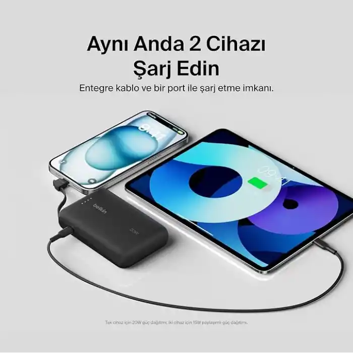 Belkin BoostCharge Power Bank, Entegre Kablolu Taşınabilir Şarj Cihazı 10K PD 20W - USB-C Güç Dağıtımı, iPhone Power Bank iPhone 17 Serisi, iPad Pro, Galaxy S25 ve Daha Fazlası için Hızlı Şarj