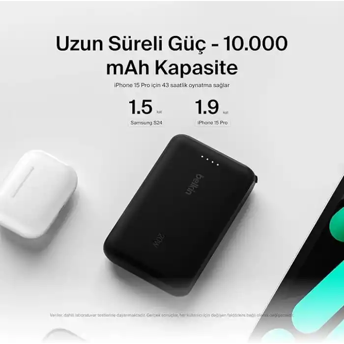 Belkin BoostCharge Power Bank, Entegre Kablolu Taşınabilir Şarj Cihazı 10K PD 20W - USB-C Güç Dağıtımı, iPhone Power Bank iPhone 17 Serisi, iPad Pro, Galaxy S25 ve Daha Fazlası için Hızlı Şarj