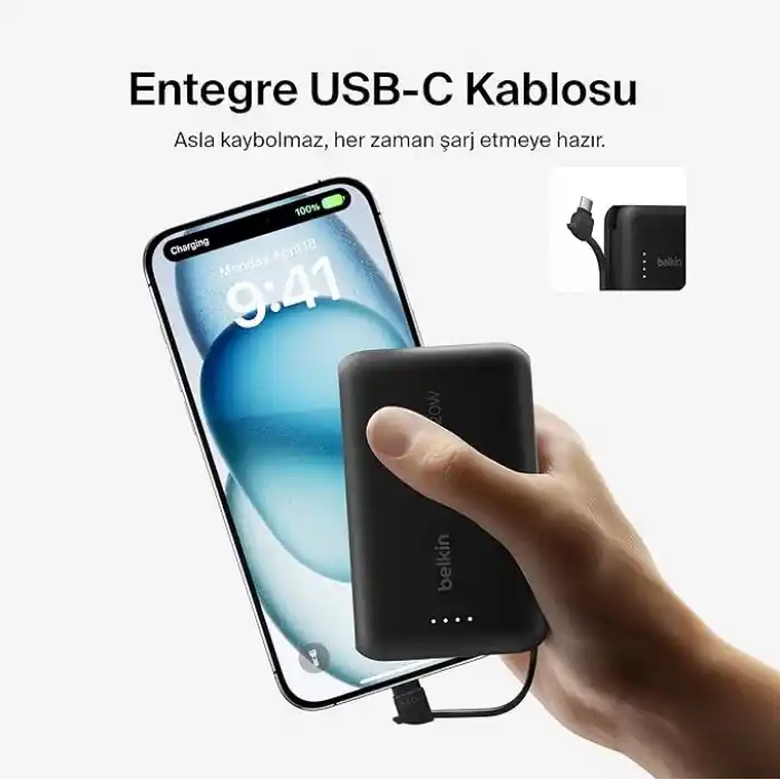 Belkin BoostCharge Power Bank, Entegre Kablolu Taşınabilir Şarj Cihazı 10K PD 20W - USB-C Güç Dağıtımı, iPhone Power Bank iPhone 17 Serisi, iPad Pro, Galaxy S25 ve Daha Fazlası için Hızlı Şarj