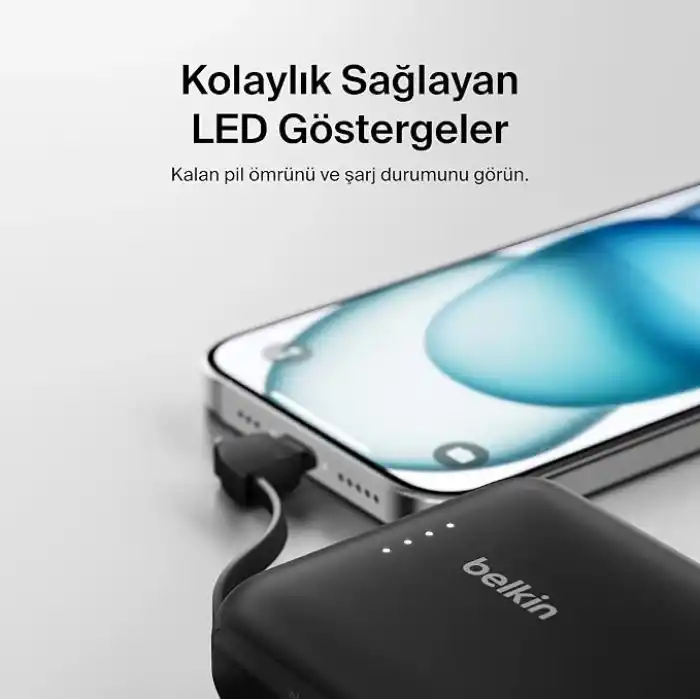 Belkin BoostCharge Power Bank, Entegre Kablolu Taşınabilir Şarj Cihazı 10K PD 20W - USB-C Güç Dağıtımı, iPhone Power Bank iPhone 17 Serisi, iPad Pro, Galaxy S25 ve Daha Fazlası için Hızlı Şarj