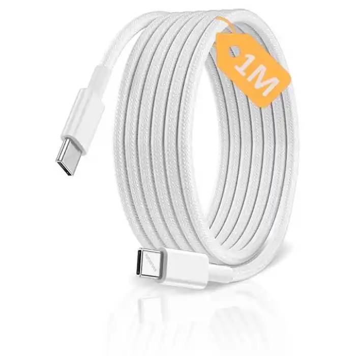 Type C-C, ÖRGÜLÜ ve GÜÇLENDİRİLMİŞ BOYUN, 1Metre, 60Watt Hızlı Şarj Kablosu (1Ad x 1Metre Beyaz)