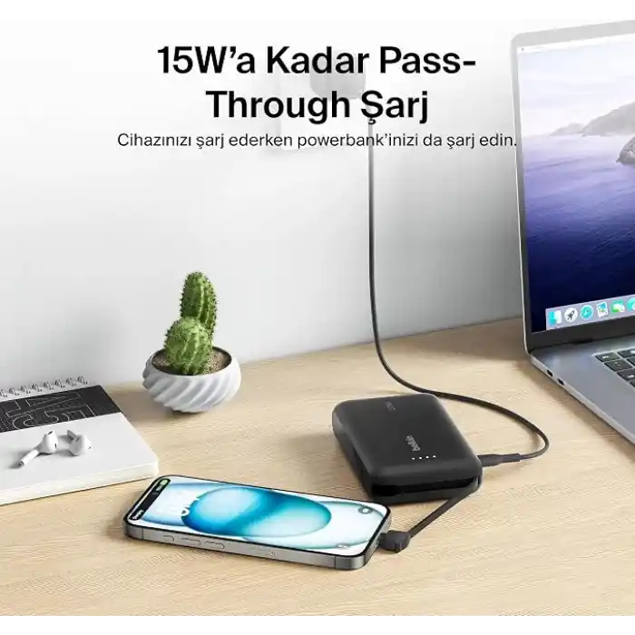 Belkin BoostCharge Power Bank, Entegre Kablolu Taşınabilir Şarj Cihazı 10K PD 20W - USB-C Güç Dağıtımı, iPhone Power Bank iPhone 17 Serisi, iPad Pro, Galaxy S25 ve Daha Fazlası için Hızlı Şarj