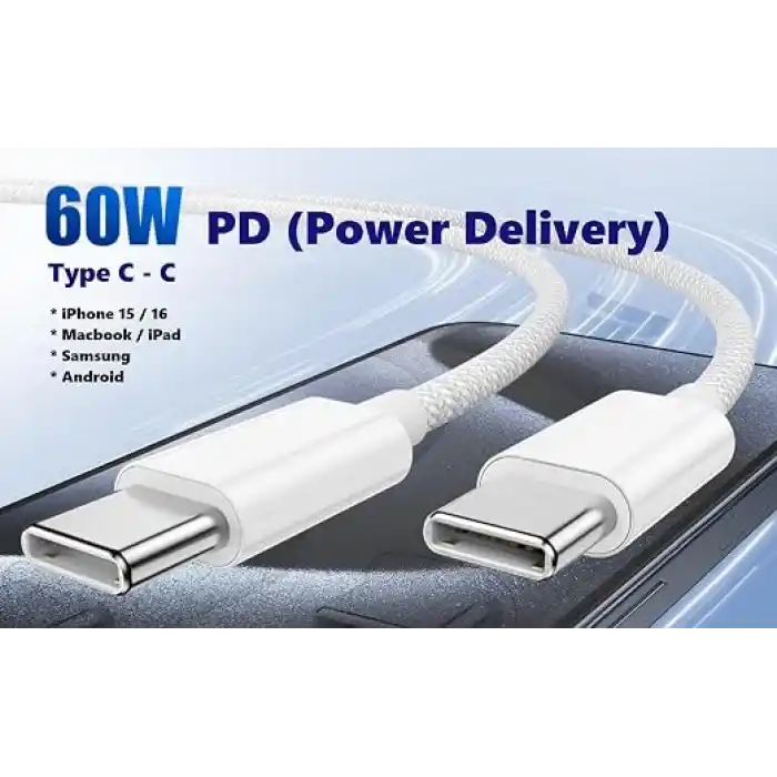 Type C-C, ÖRGÜLÜ ve GÜÇLENDİRİLMİŞ BOYUN, 1Metre, 60Watt Hızlı Şarj Kablosu (1Ad x 1Metre Beyaz)