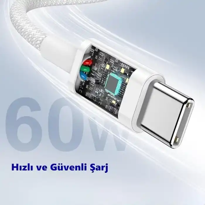 Type C-C, ÖRGÜLÜ ve GÜÇLENDİRİLMİŞ BOYUN, 1Metre, 60Watt Hızlı Şarj Kablosu (1Ad x 1Metre Beyaz)