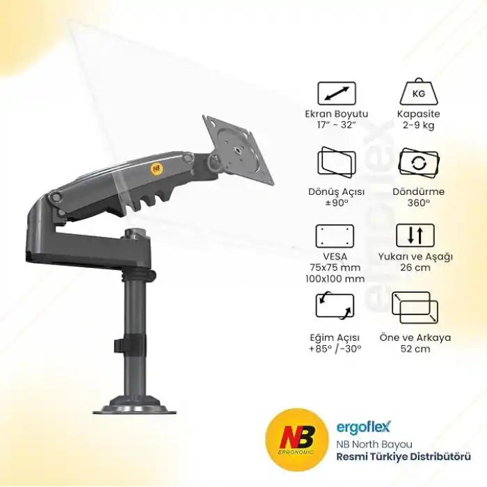 North Bayou NB H100 Ergonomic 17-32 Amortisörlü 2-9 kg Monitör Standı