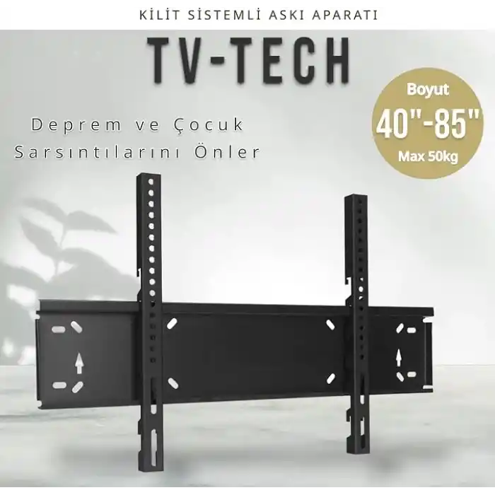 TvtechPlus Televizyon Duvar Askı Aparatı, 40-85 inç (102-216cm) VESA 400x400-600x400-600x500-700x500 max 50kg/110LBS-Kilitli Sistem-Sarsılmaz-Depreme karşı-Çocuk kilitli - Kavisli/Curved