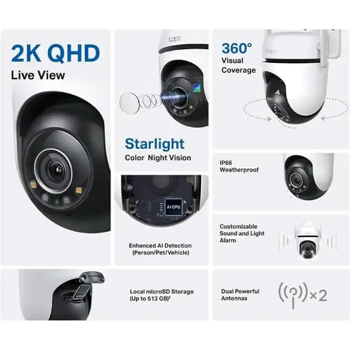 Tapo C520WS, 2K QHD Dış Mekan Wi-Fi/Ethernet Güvenlik Kamerası, Hareket Tespit/Takibi, 360°, IP66 Su Geçirmez, Renkli Gece Görüşü, Çift Yönlü Ses, Bulut/Yerel Depolama, Sesli ve Işıklı Alarm