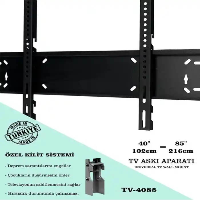 TvtechPlus Televizyon Duvar Askı Aparatı, 40-85 inç (102-216cm) VESA 400x400-600x400-600x500-700x500 max 50kg/110LBS-Kilitli Sistem-Sarsılmaz-Depreme karşı-Çocuk kilitli - Kavisli/Curved