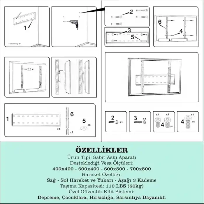 TvtechPlus Televizyon Duvar Askı Aparatı, 40-85 inç (102-216cm) VESA 400x400-600x400-600x500-700x500 max 50kg/110LBS-Kilitli Sistem-Sarsılmaz-Depreme karşı-Çocuk kilitli - Kavisli/Curved