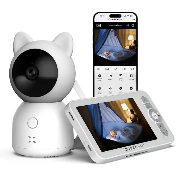 Xenon Smart Bebek Kamerası Ekranlı 3MP 5 Monitörlü WiFi Mobil Takip 345° PTZ Gece Görüş Sıcaklık Nem Sensörlü Beyaz X7202