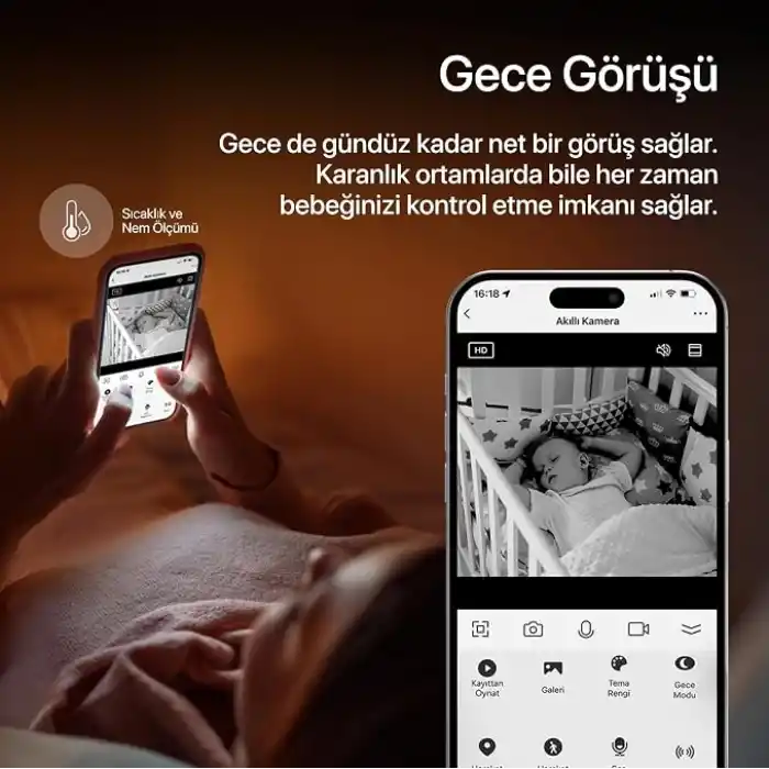 Xenon Smart Bebek Kamerası Ekranlı 3MP 5 Monitörlü WiFi Mobil Takip 345° PTZ Gece Görüş Sıcaklık Nem Sensörlü Beyaz X7202