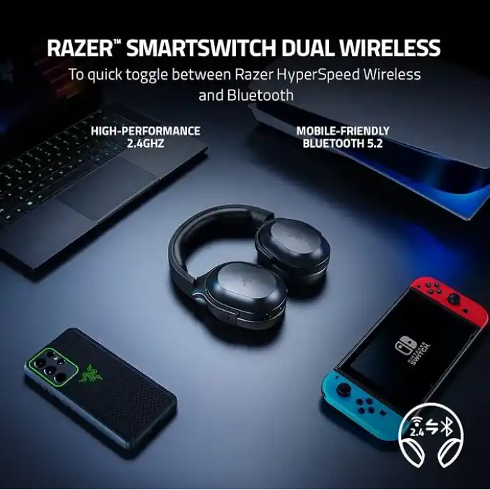 Razer Barracuda X - Kablosuz Çoklu Platform Oyun ve Mobil Kulaklık (SmartSwitch Çift Kablosuz, Ergonomik Tasarım, TriForce 40mm, Kardioid Mikrofon, Kulaklık Üstü Kontroller, 50 saat Pil USB-C) Siyah