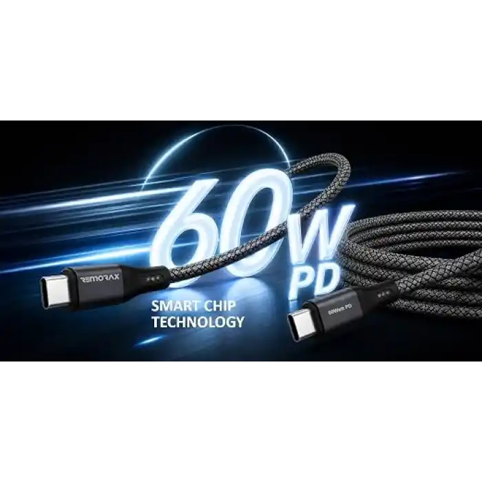 Type C-C, 2Metre ÖRGÜLÜ 60Watt PD Hızlı Şarj Kablosu, REMORAX Wahoo (1Ad x 2Metre Füme)