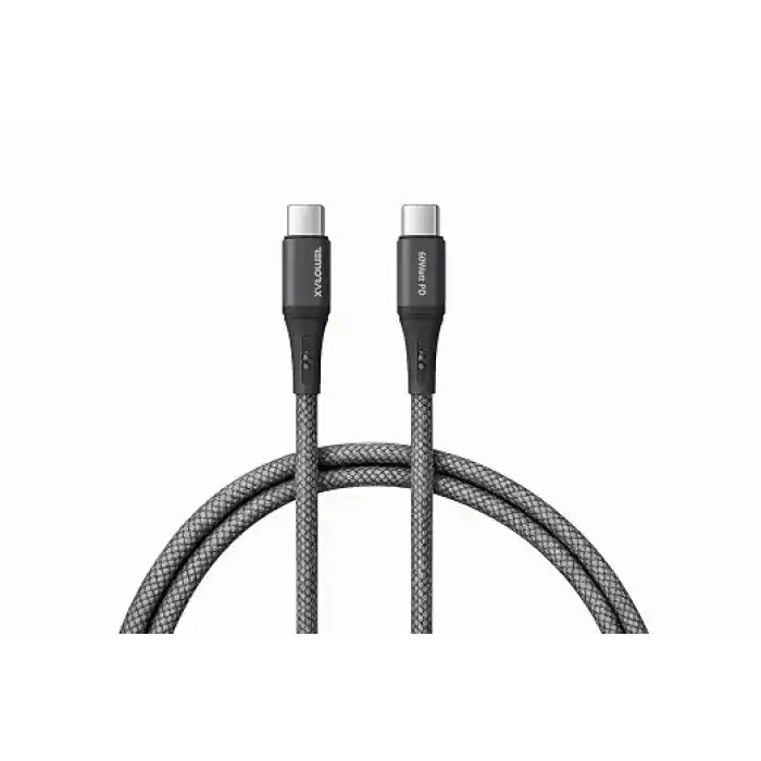 Type C-C, 2Metre ÖRGÜLÜ 60Watt PD Hızlı Şarj Kablosu, REMORAX Wahoo (1Ad x 2Metre Füme)