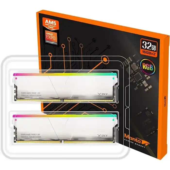 V-Color Manta XSky RGB 32GB (2x16GB) DDR5 6400MT/s CL32 1.4V, AMD EXPO Uyumlu, SK Hynix IC, Beyaz Masaüstü Bellek RAM / TMXSAL1664832WWK