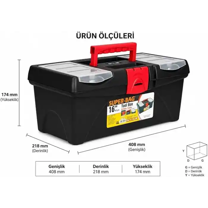 Super Bag 16 İnç Plastik Takım Çantası, Organizer Bölmeli Alet Çantası, Kilitli El Aleti Saklama ve Taşıma Kutusu, Ev Garaj Atölye Kullanımı, ASR2017